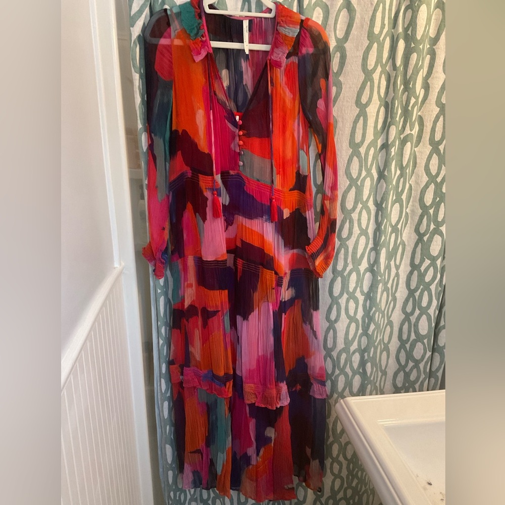 Anthropologie Marais Sheer Long Sleeve Maxi Dress in pink and red + multicolors - Picture 2 of 9